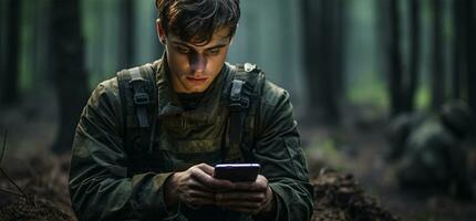 Handsome young soldier using digital tablet while sitting on dirt road AI Generated photo