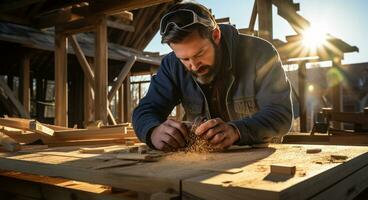 Carpenter working on a woodwork at a construction site AI Generated photo