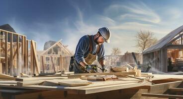 Carpenter working on a woodwork at a construction site AI Generated photo