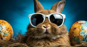 Cute bunny with sunglasses and easter eggs on blue background AI Generated photo