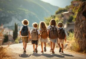 Back view of  schoolchildren with backpacks walking on the street  AI Generated photo