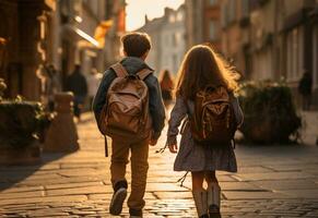 Back view of  schoolchildren with backpacks walking on the street  AI Generated photo