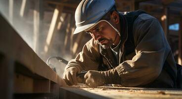 Carpenter working on a woodwork at a construction site AI Generated photo