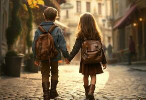 Back view of  schoolchildren with backpacks walking on the street  AI Generated photo