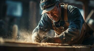 Carpenter working on a woodwork at a construction site AI Generated photo