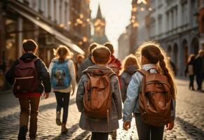 Back view of  schoolchildren with backpacks walking on the street  AI Generated photo