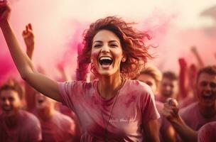 Beautiful young woman in sportswear running outdoors on sunny day. Pink October campaign and Cancer prevention and women support AI Generated photo