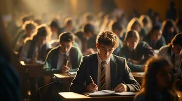 retrato de un joven masculino estudiante escritura en cuaderno mientras sentado en salón de clases ai generado foto