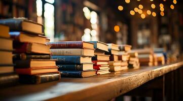 libros en un de madera estante en el biblioteca. selectivo atención ai generado foto