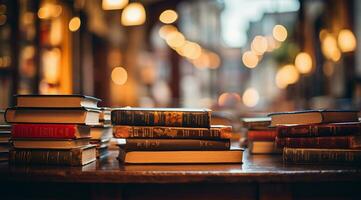 antiguo libros en un mesa en un biblioteca. selectivo atención ai generado foto