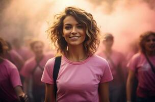 Beautiful young woman in sportswear running outdoors on sunny day. Pink October campaign and Cancer prevention and women support AI Generated photo