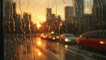 Rain drops on the window with blurred background of the city and traffic. AI Generated photo