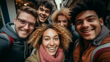 retrato de sonriente amigos tomando selfie en teléfono inteligente en ciudad, bajo ángulo ver ai generado foto