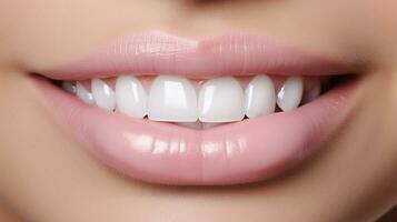 Close-up of smiling woman with healthy teeth. Teeth whitening concept AI Generated photo
