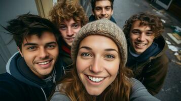 Portrait of smiling friends taking selfie on smartphone in city, low angle view AI Generated photo