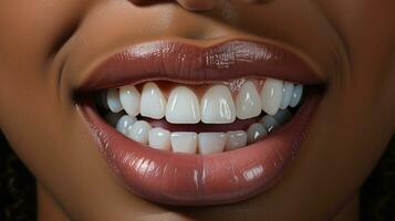 Close-up of smiling woman with healthy teeth. Teeth whitening concept AI Generated photo