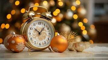 alarma reloj y Navidad decoraciones en mesa en habitación con borroso luces ai generado foto
