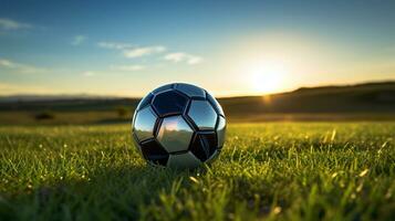 Soccer ball on green grass with sunset background. Soccer ball on football field AI Generated photo