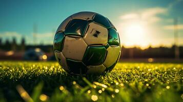 Soccer ball on green grass with sunset background. Soccer ball on football field AI Generated photo