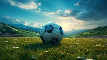 fútbol pelota en verde césped con puesta de sol antecedentes. fútbol pelota en fútbol americano campo ai generado foto