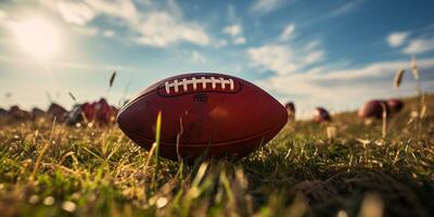 americano fútbol americano pelota en césped campo con azul cielo y nubes en antecedentes ai generado foto