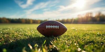 americano fútbol americano pelota en césped campo con azul cielo y nubes en antecedentes ai generado foto