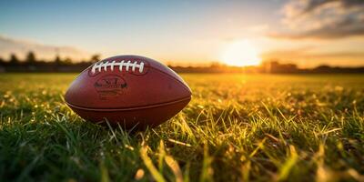 americano fútbol americano pelota en césped campo con azul cielo y nubes en antecedentes ai generado foto