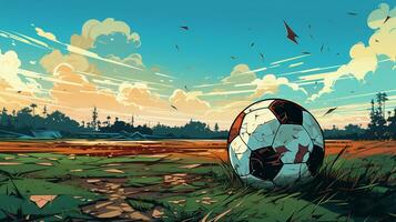 Soccer ball on green grass with sunset background. Soccer ball on football field AI Generated photo