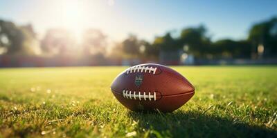 American football ball on grass field with blue sky and clouds in background AI Generated photo