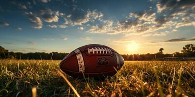 American football ball on grass field with blue sky and clouds in background AI Generated photo