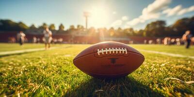 americano fútbol americano pelota en césped campo con azul cielo y nubes en antecedentes ai generado foto