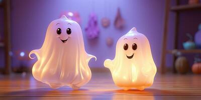 Halloween background with ghosts and pumpkins. AI Generated photo