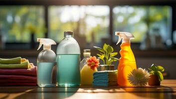 Cleaning products on the kitchen table. Cleaning service concept AI Generated photo