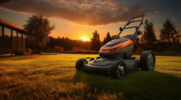 Lawn mower on the grass in the autumn garden. Gardening concept AI Generated photo