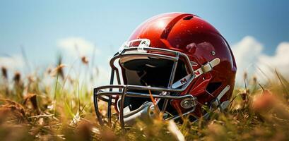 American football helmet on green grass. Close-up of sports equipment AI Generated photo