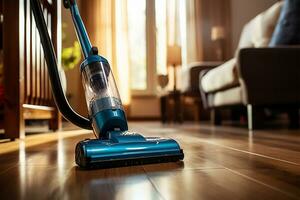 Vacuum cleaner cleaning carpet in living room. Housework and housekeeping concept AI Generated photo