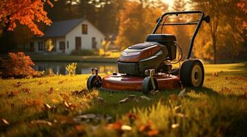 Lawn mower on the grass in the autumn garden. Gardening concept AI Generated photo