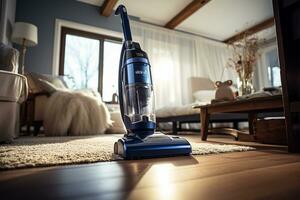 Vacuum cleaner cleaning carpet in living room. Housework and housekeeping concept AI Generated photo