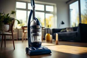 Vacuum cleaner cleaning carpet in living room. Housework and housekeeping concept AI Generated photo