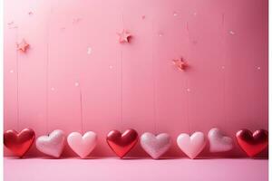 Valentine's day background with hearts and confetti on pink background AI Generated photo