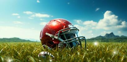 American football helmet on green grass. Close-up of sports equipment AI Generated photo