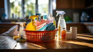 Cleaning products on the kitchen table. Cleaning service concept AI Generated photo