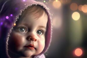 Cute little baby portrait on bokeh background.  Generative AI. photo