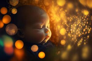 Cute little baby portrait on bokeh background.  Generative AI. photo