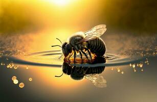 A bee perched on the surface of the water. Generative AI. photo
