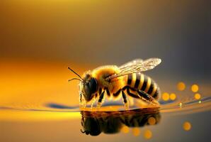 A bee perched on the surface of the water. Generative AI. photo
