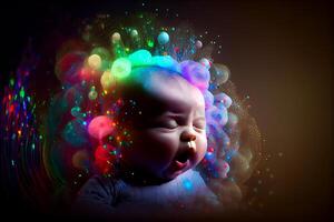 cute children's fantasy drawings Beautiful creative energy is exploding.on dark  background.  Generative AI. photo