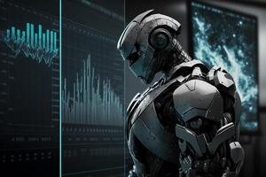 Future business 3d technology robot and stock chart traders, stock chart analysis to beat the market. . photo