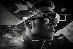 Young man using virtual reality headset. VR glasses, futuristic, technology, online education, education, video game concept. Generative AI. photo