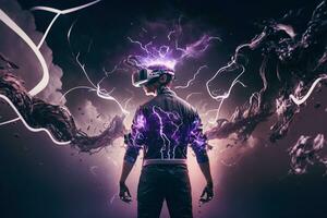 Young man using virtual reality headset. VR glasses, futuristic, technology, online education, education, video game concept. Generative AI. photo